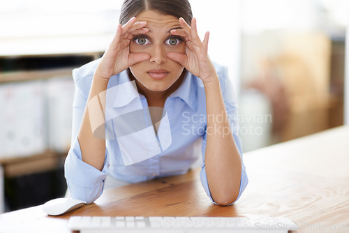 Image of Corporate woman, portrait and tired eyes from fatigue, stressed and at office desk. Overworked, burnout and exhausted lawyer from cases, lawsuit and planning or ready to sleep for working overtime