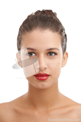 Image of Woman, makeup and beauty with red lipstick for cosmetics or facial treatment on a white studio background. Face of elegant female person or young model with skincare or colorful lips for cosmetology