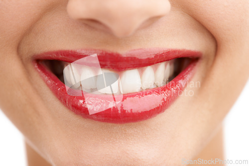 Image of Happy person, red lipstick and closeup of teeth with makeup in cosmetics, gloss or dental treatment. Color lips of woman or model with smile for tooth whitening, mouth or oral beauty in cosmetology