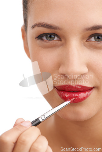 Image of Happy woman, portrait and red lipstick with makeup for glow, beauty or facial cosmetics on a white studio background. Face or closeup of female person or model applying color or gloss for cosmetology