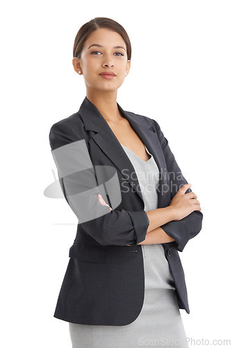 Image of Business woman, portrait and office clerk with confidence and corporate fashion in studio. Career, employee and female startup professional with white background in clothes for job with arms crossed