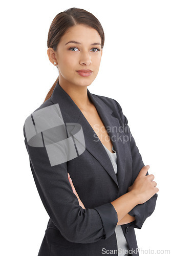 Image of Business woman, portrait and office clerk with confidence and corporate fashion in studio. Career, employee and female startup professional with white background and arms crossed in job clothes