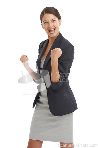 Image of Business, woman and yes in studio for success, winning and achievement with wow, fist and celebration. Portrait of an excited worker or winner with goals for human resources on a white background