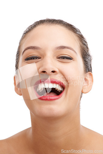 Image of Happy woman, portrait and laughing with red lipstick for beauty, makeup or cosmetics on a white studio background. Face of female person or young model in satisfaction for lip gloss, glow or shine