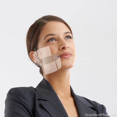 Image of Thinking, ideas and professional woman in studio with vision for human resources career, job and project. Young person, worker or business employee with a smile for inspiration on a white background