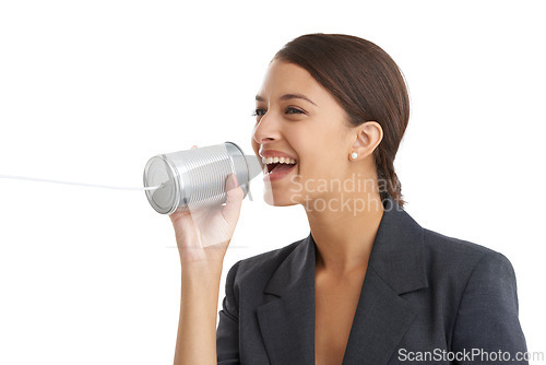 Image of Tin can telephone, business and woman talking, employee and worker isolated on a white studio background. Person, model and entrepreneur with fun, smile and loud with toys, playing and professional