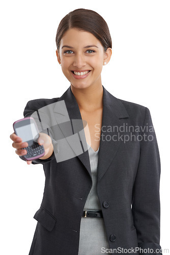 Image of Happy, business woman or portrait by cellphone screen in studio mock up or email or contact. Entrepreneur, smile face and mobile display for startup website or show and promotion by white background