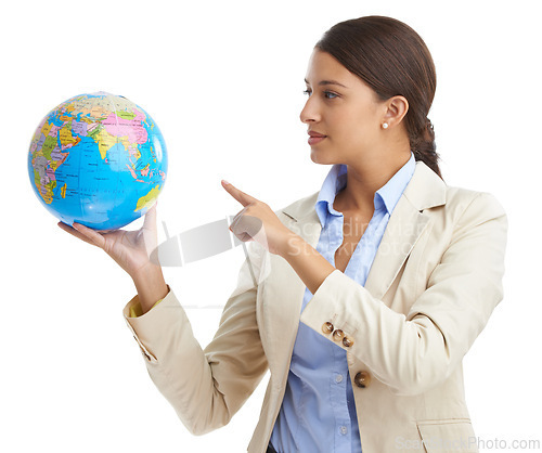 Image of Globe, pointing and business with woman, employee and person isolated on a white studio background. Geography, global trade and entrepreneur with a map and earth with planning, thinking and planet