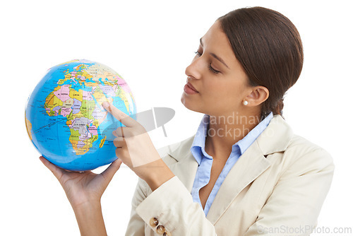 Image of Business woman, hands or spinning globe in studio, world map or network for international trade. Corporate strategist, environment or earth for global warming or carbon footprint by white background