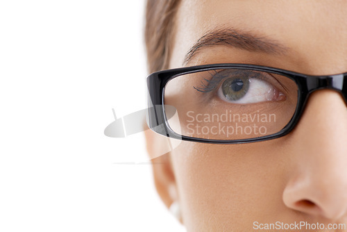 Image of Young woman, thinking and glasses for inspiration and eyecare for optometry in studio close up. Model, vision and creative idea for health, design and better eyesight and wellness by white background