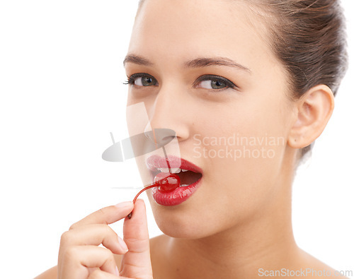 Image of Happy woman, portrait and red lipstick with cherry, makeup or cosmetics for nutrition on a white studio background. Face of female person or model with lip gloss and natural organic fruit for diet