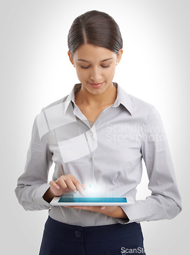 Image of Business woman, studio and tablet with hologram ui for productivity and networking for career growth. Wed design, touchscreen and ux for website to browse, display and innovation by white background