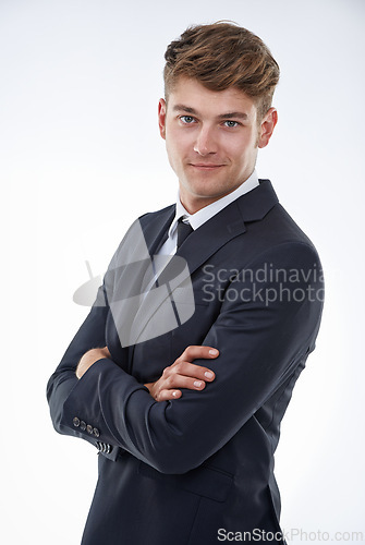 Image of Portrait, confident or man in suit for fashion, style and clothes for business, corporate or formal. Male model, arms crossed and smile for modern, smart and classy office wear on white background