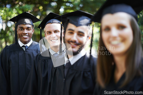 Image of Graduation, classmates and friends for portrait, celebration and people for education and college for diploma. Outdoor, degree and ceremony for university, campus and students with cap and gown