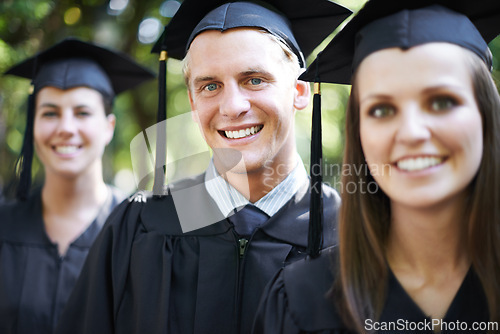 Image of Student, portrait and graduation with friends outdoor at university, college and achievement ceremony. Education, campus and class at certificate, degree and school event with a smile from diploma