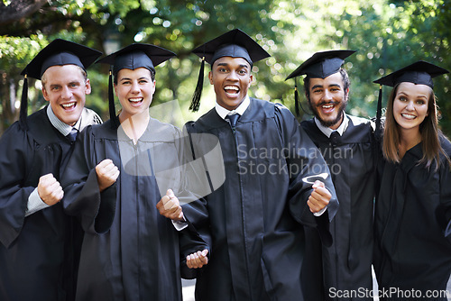 Image of Happy, students and portrait at graduation with celebration, friends and graduate group outdoor with a smile. Diploma, certificate and education event on campus with diversity and college degree