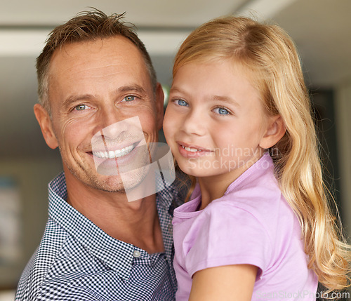 Image of Daughter, father and portrait for bonding, family and home with smile and playtime with hug. Dad, little girl and happy for joy, care and child development with kid and love at house together