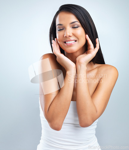 Image of Woman, hand and smile for anti aging, skincare and beauty with mockup in studio on white background. Female person, facelift and dermatology with glow, flawless skin and cosmetology treatment