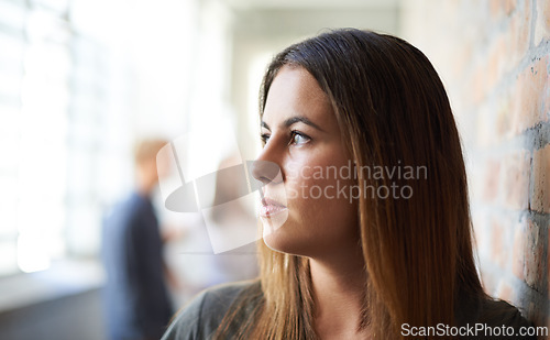 Image of Woman, thinking and planning in hallway ideas, thoughts and inspiration for work. Person, reflect and contemplating vision in corridor or situation, brainstorming and problem solving for project