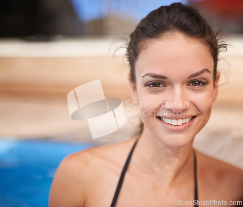 Image of Summer, holiday and portrait of woman in pool with happiness outdoor on vacation in Florida. Person, relax and enjoy sunshine in Miami at hotel or home for swimming in water for fun with wellness