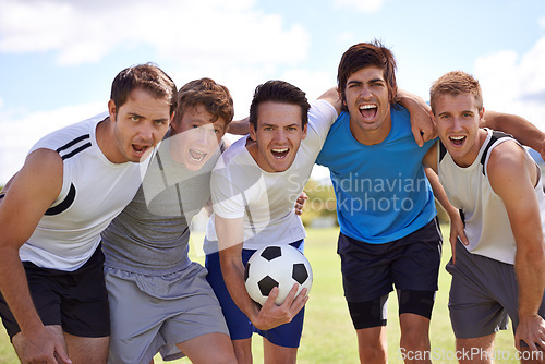 Image of Soccer, men and hug in portrait with group at game for fitness, exercise and happy with sport. People, teamwork and embrace with pride for support, solidarity or football with friends in competition