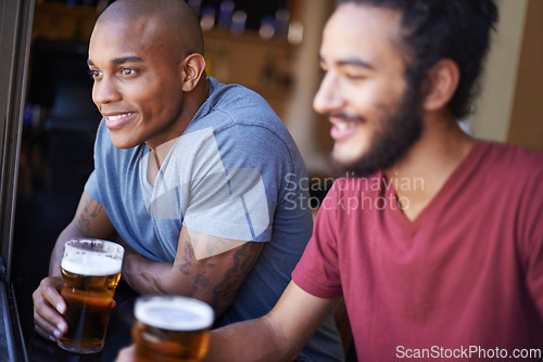 Image of Friends, men and happiness in pub with beer for happy hour, relax or social event with window view. Diversity, people and drinking alcohol in restaurant or club with smile for bonding and celebration