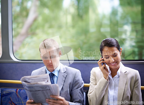 Image of Bus, business people and commute for communication or news, reading newspaper and phone call for info. Woman, networking and app for conversation or travel, newsletter and man for article on transit