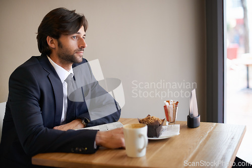 Image of Businessman, window and thinking at cafe with coffee for vision on lunch to reflect, imagine and idea for company. Entrepreneur, muffin and cup for contemplating with plan for startup business.