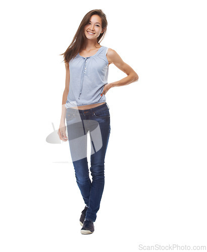 Image of Woman, portrait and proud of clothes in studio, casual aesthetic and cool on white background. Happy female person, full body and fashion on mockup space, university student and confident with smile