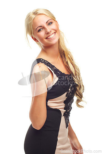 Image of Fashion, fist and portrait of woman in studio with classy, elegant and stylish dress for outfit. Smile, excited and young female person with trendy, beautiful and fancy style by white background.