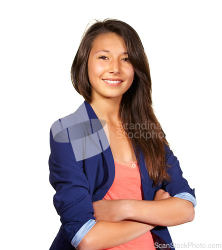 Image of Portrait, smile and woman with arms crossed in studio isolated on a white background. Confidence, face and happy person in casual clothes for fashion, style or trendy outfit on a backdrop in Italy