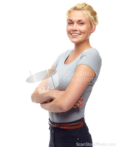 Image of Portrait, fashion and smile of woman with arms crossed in studio isolated on a white background. Confidence, model and happy blonde person in casual clothes or trendy outfit on a backdrop in Germany