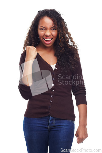 Image of Portrait, fashion and success with fist of black woman in studio isolated on white background for victory. Achievement, celebration and cheering with confident young person in trendy outfit as winner