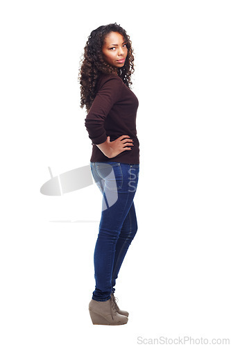 Image of Black woman, portrait and confident for clothes in studio, aesthetic and attitude on white background. Female person, full body and fashion on mockup space, designer and pride for style or trend