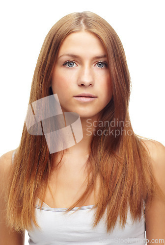 Image of Portrait, beauty and hair with redhead woman in studio isolated on white background for keratin treatment. Face, salon or skincare and natural young person with shampoo or conditioner for haircare