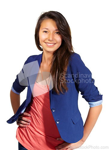 Image of Portrait, fashion and smile of woman with confidence in studio isolated on a white background. Face, model and happy young student in casual clothes, trendy or stylish outfit on a backdrop in Spain
