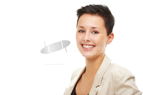 Image of Portrait, smile and business woman in studio for job, career and mockup space isolated on a white background. Face, professional and happy entrepreneur, employee or young consultant working in Spain