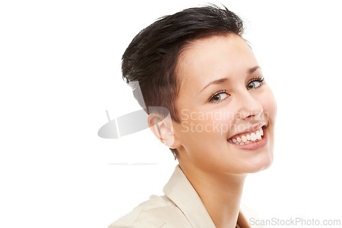 Image of Face, woman and happy in studio with skincare in white background for teen, cosmetics and natural glow. Portrait, female person, smile and satisfied for results with wellness, healthy and self care.