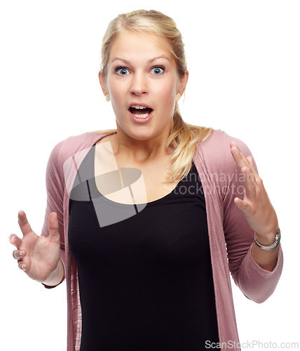 Image of Portrait, surprise and shocked with woman, reaction and person isolated on white studio background. Face, emoji and female model with expression or girl with news or wow with announcement or omg