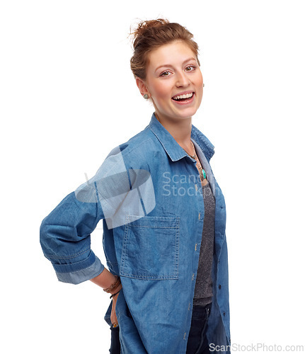 Image of Woman, portrait and laughing for joke in studio, funny humor and confidence on white background. Happy female person, comedy and smile on mockup space, goofy comic and positive for enjoyment on face