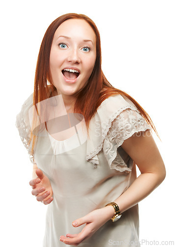 Image of Excited, portrait and woman in studio with shock for surprise, deal or discount on white background. Female person, happy and face with wow expression for excitement, sale or achievement with smile