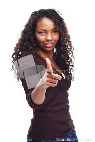 Image of Portrait, fashion and pointing at you with black woman in studio isolated on white background for decision. Smile, vote and finger with hand gesture of happy young model for choice or option