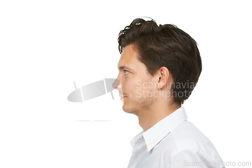 Image of Man, side view and mockup space in studio for news, announcement and information. Business, formal and looking at professional idea, thoughtful or contemplative businessman on white background