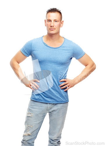 Image of Portrait, man and confidence for fashion, clothing and trendy style on studio background with assertiveness, casual outfit and proud. Male person, model and face in contemporary look, pride and edgy