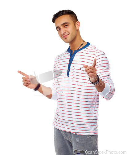 Image of Hands, pointing and portrait of man in studio with deal comparison, info or direction choice on white background. Face, smile and Indian male model show quote promo, decision or news announcement