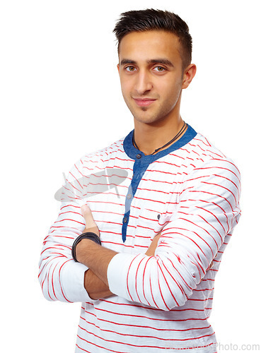 Image of Portrait, fashion and man with arms crossed in studio with pride isolated on a white background. Face, confidence or young person, model or student in casual clothes for style on a backdrop in Brazil