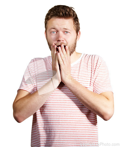 Image of Portrait, man and shock for surprise, story and announcement in studio on white background. Amazed, male person and hand with smile for hearing omg, wow, and amazing good news, gossip and scoop