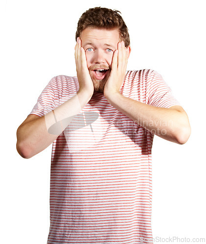 Image of Portrait, man and hand for shock, surprise and announcement in studio on white background. Amazed, male person and hearing of wtf, omg and wow story with rumor, good news and gossip for scoop