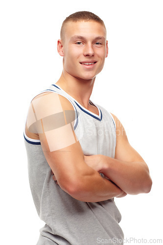 Image of Portrait, fitness and smile with man arms folded in studio isolated on white background for sports. Exercise, health and workout with confident young athlete in tank top for strong muscle training