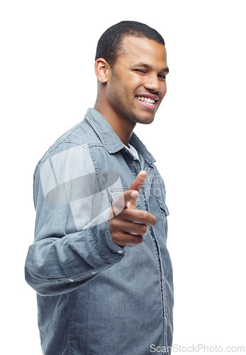 Image of Portrait, African man and pointing gesture isolated on studio background with wink, confidence and smile. Male person, model and face for fashion, clothing and happiness for style, trend and chic
